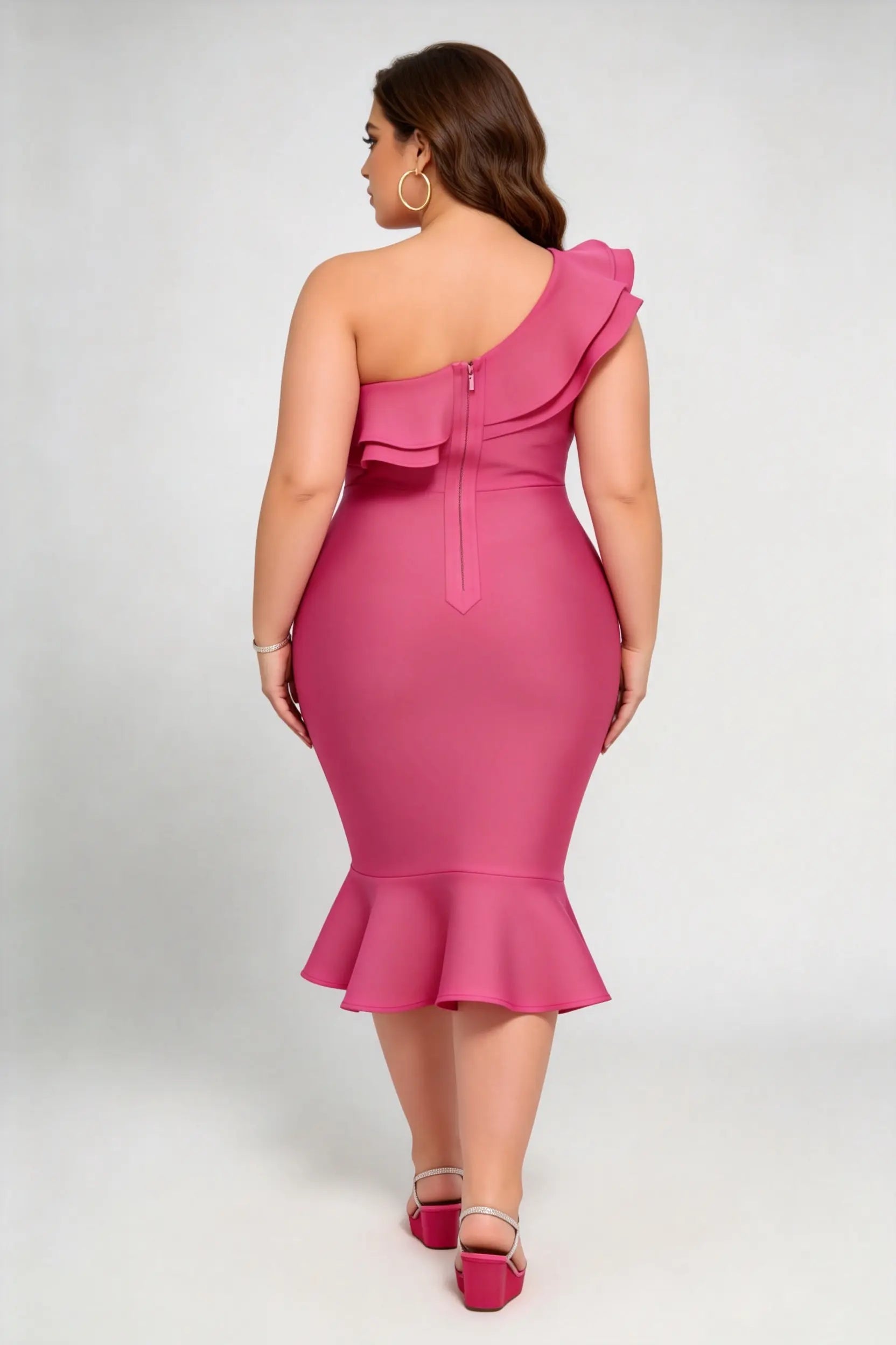 Plus Size Rose Red One-Shoulder Ruffle Mermaid Midi Dress
