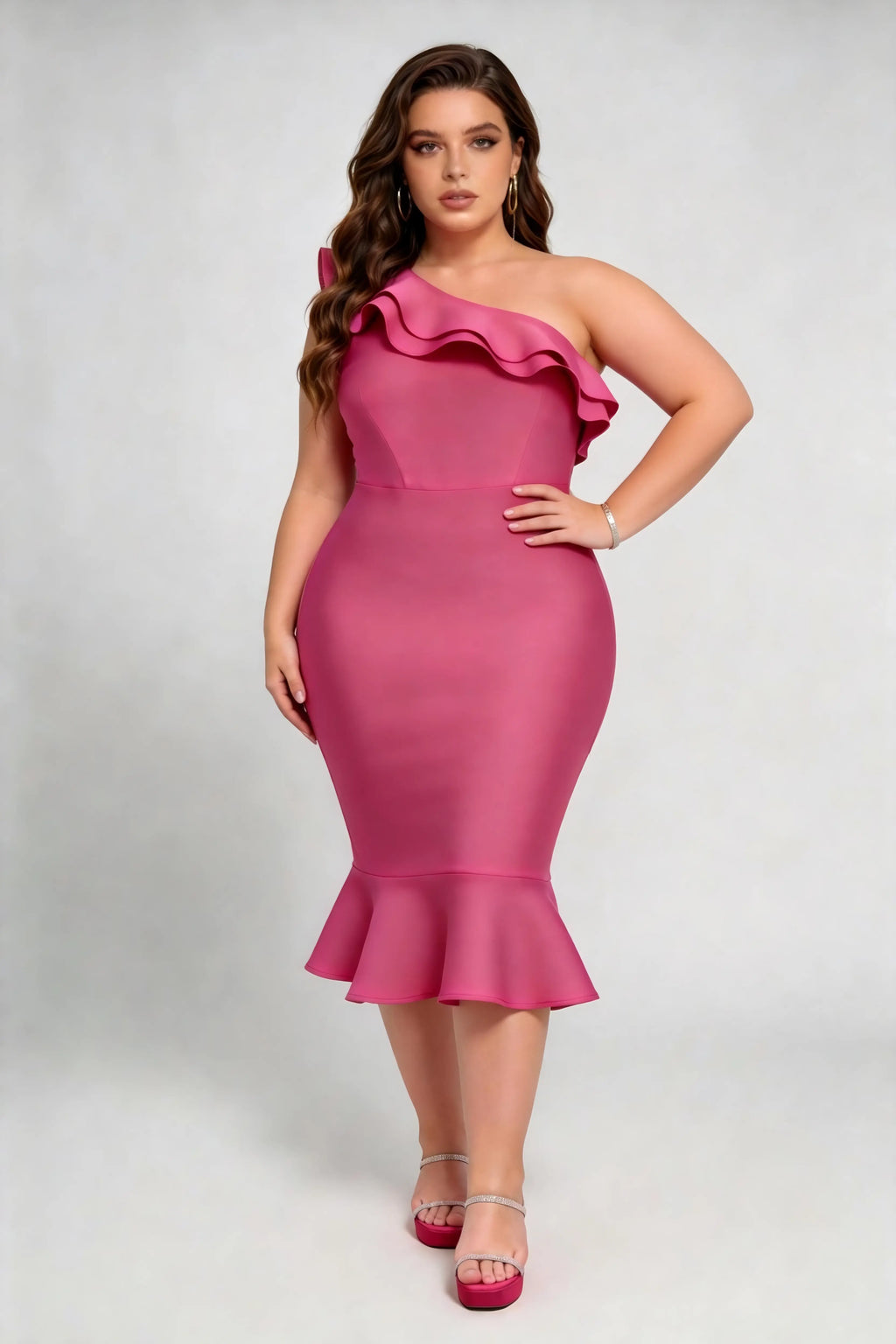 Plus Size Rose Red One-Shoulder Ruffle Mermaid Midi Dress