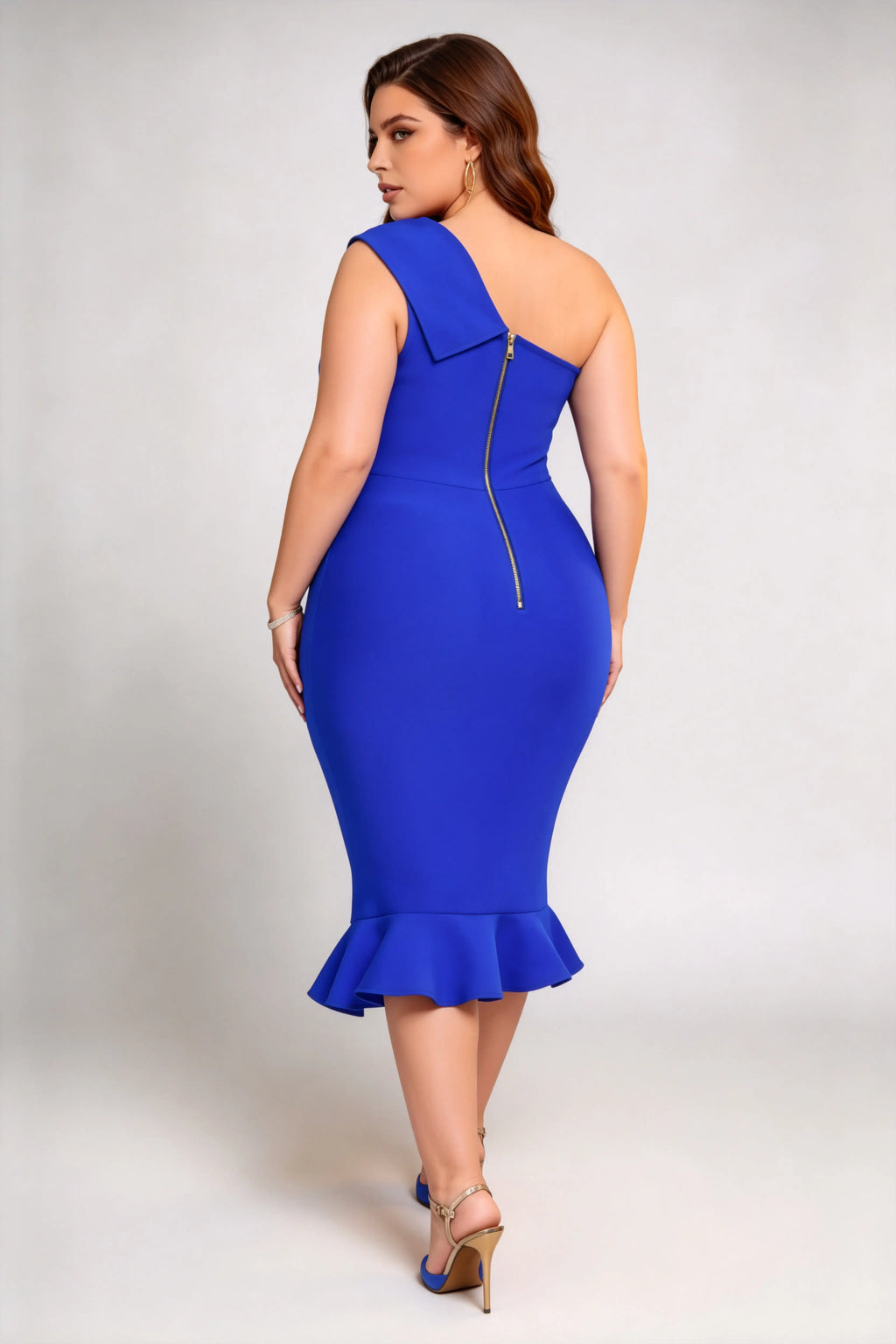 Plus Size Royal Blue One-Shoulder Ruffle Mermaid Midi Dress
