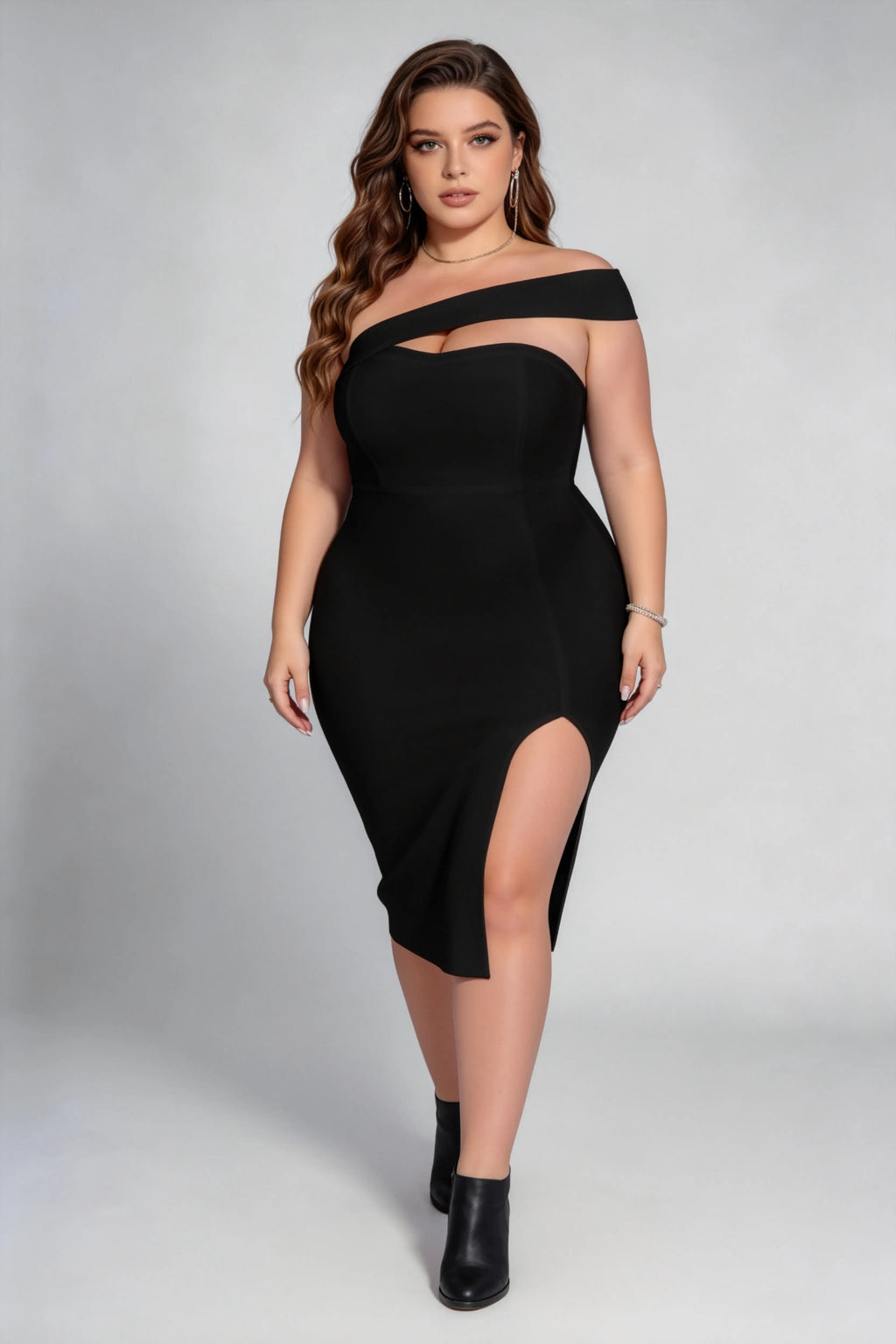 Plus Size Black Asymmetric Neck Cutout Slit Bodycon Midi Dress