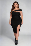 Plus Size Black Asymmetric Neck Cutout Slit Bodycon Midi Dress