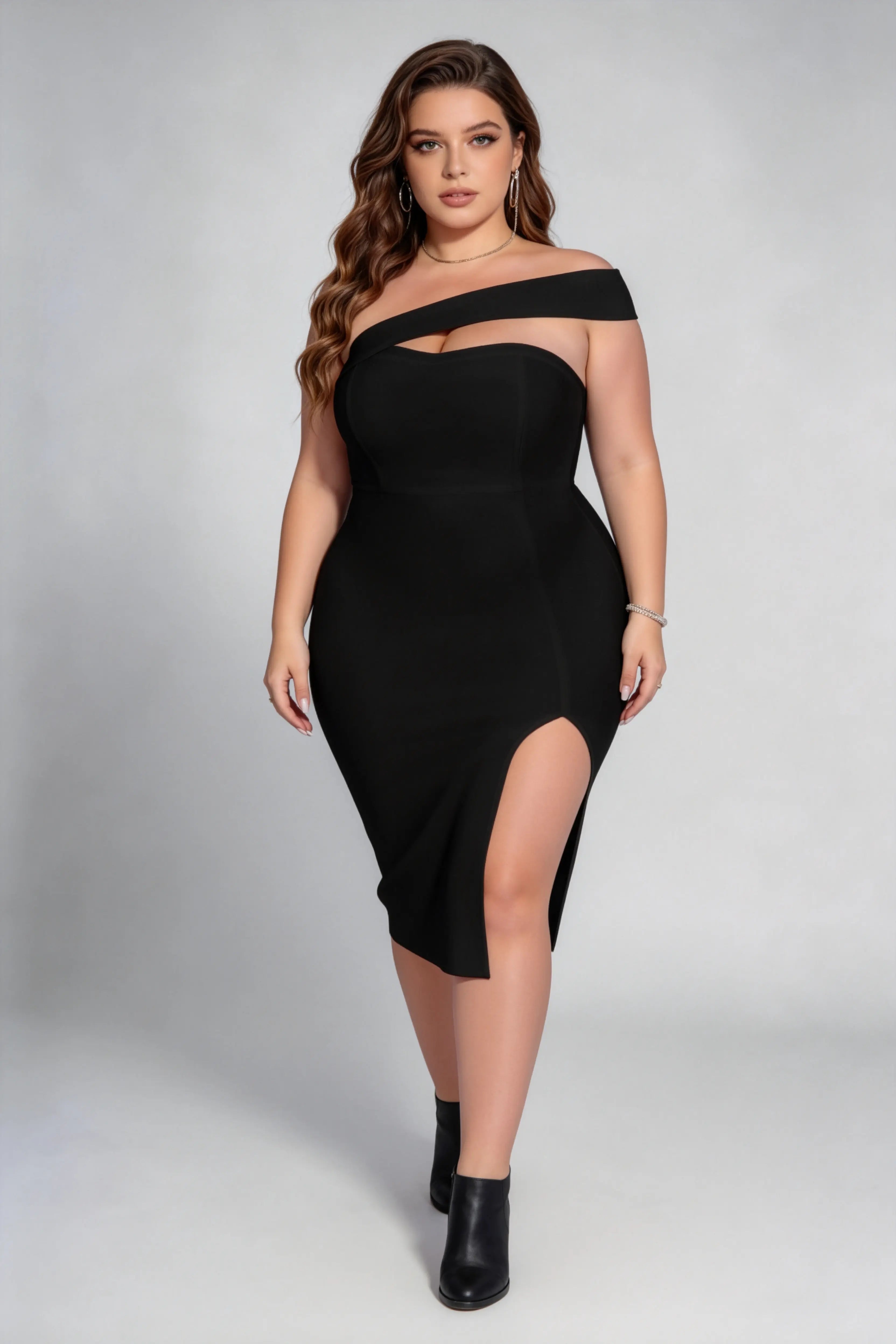 Plus Size Black Asymmetric Neck Cutout Slit Bodycon Midi Dress