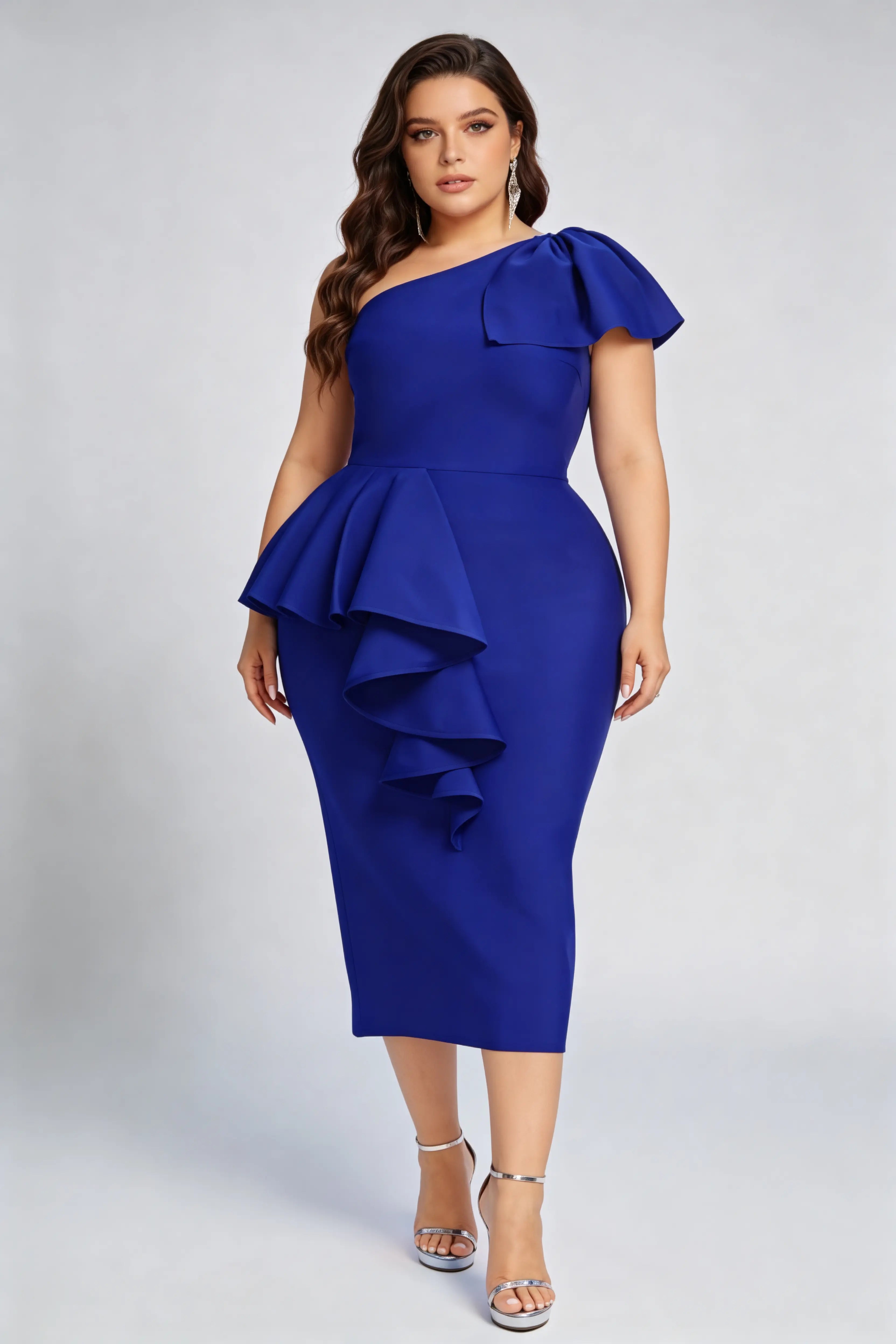 Plus Size One-Shoulder Peplum Bandage Midi Dress - Royal Blue