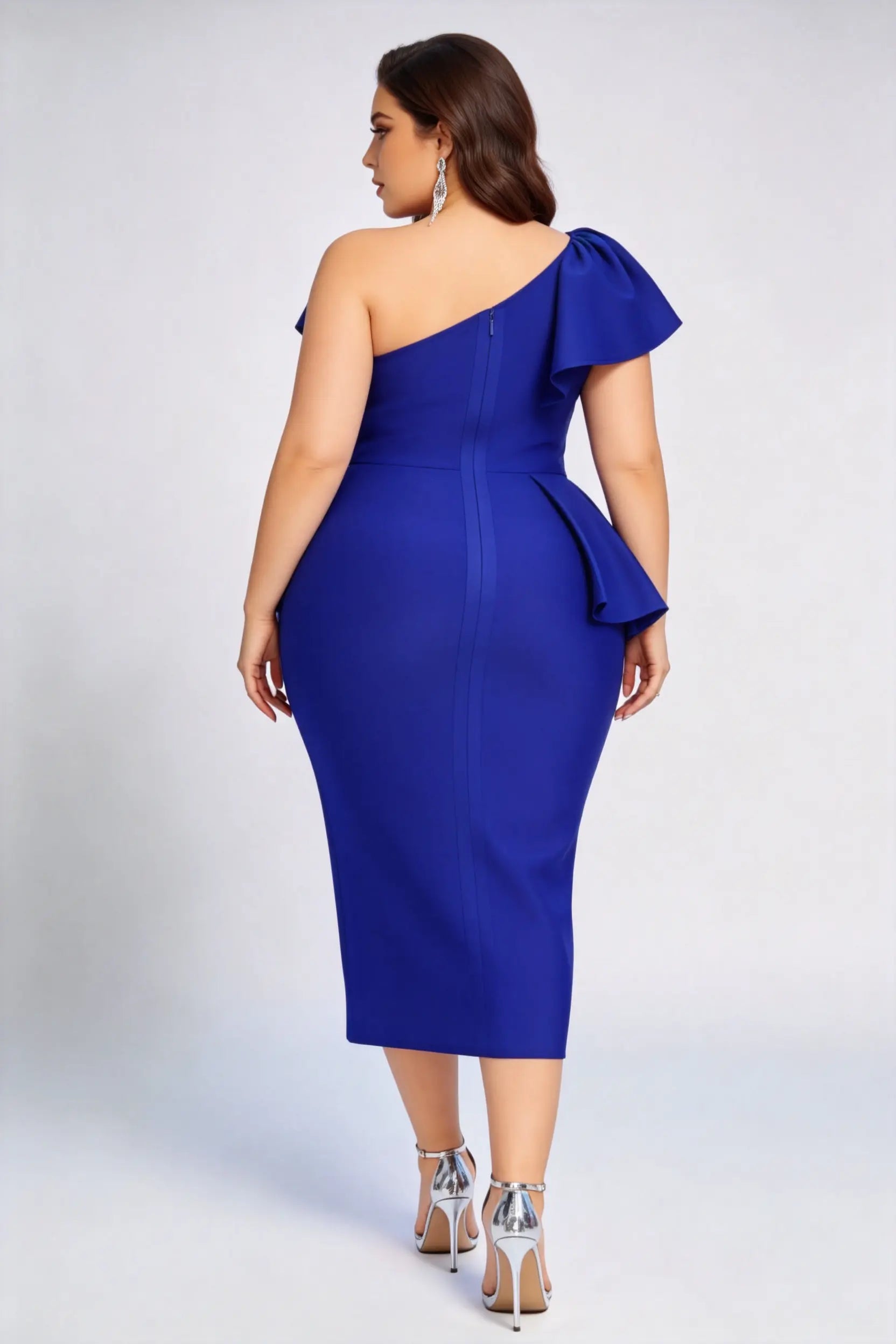 Plus Size One-Shoulder Peplum Bandage Midi Dress - Royal Blue