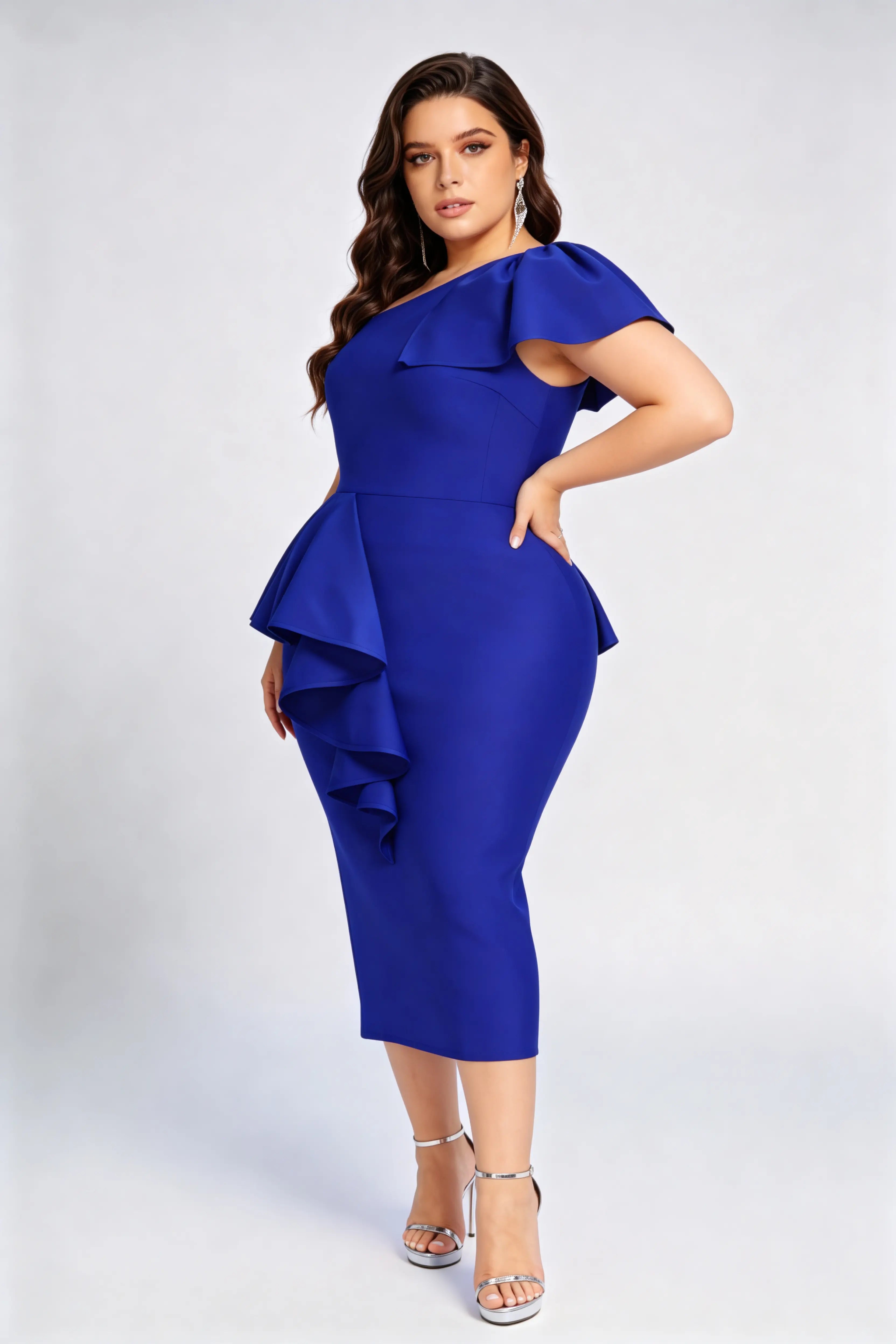 Plus Size One-Shoulder Peplum Bandage Midi Dress - Royal Blue