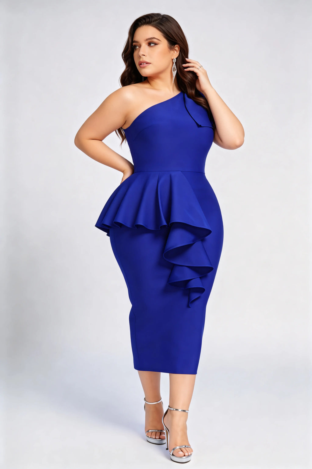 Plus Size One-Shoulder Peplum Bandage Midi Dress - Royal Blue