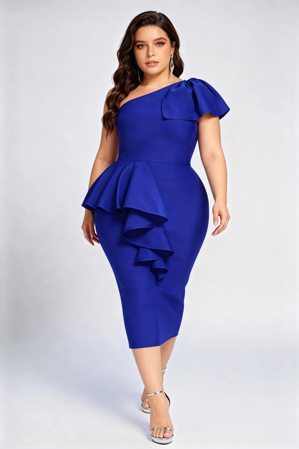 Plus Size One-Shoulder Peplum Bandage Midi Dress - Royal Blue