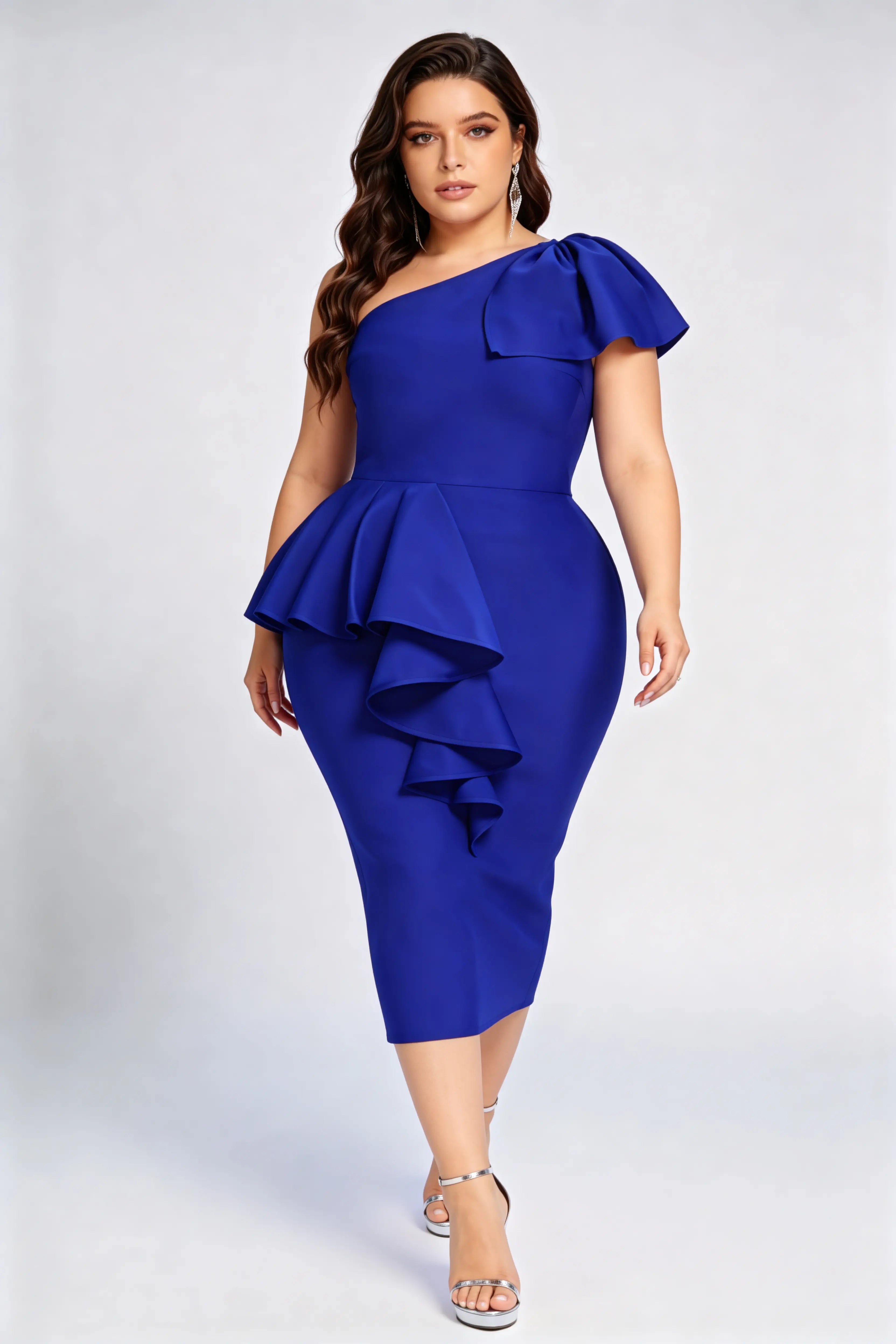 Plus Size One-Shoulder Peplum Bandage Midi Dress - Royal Blue