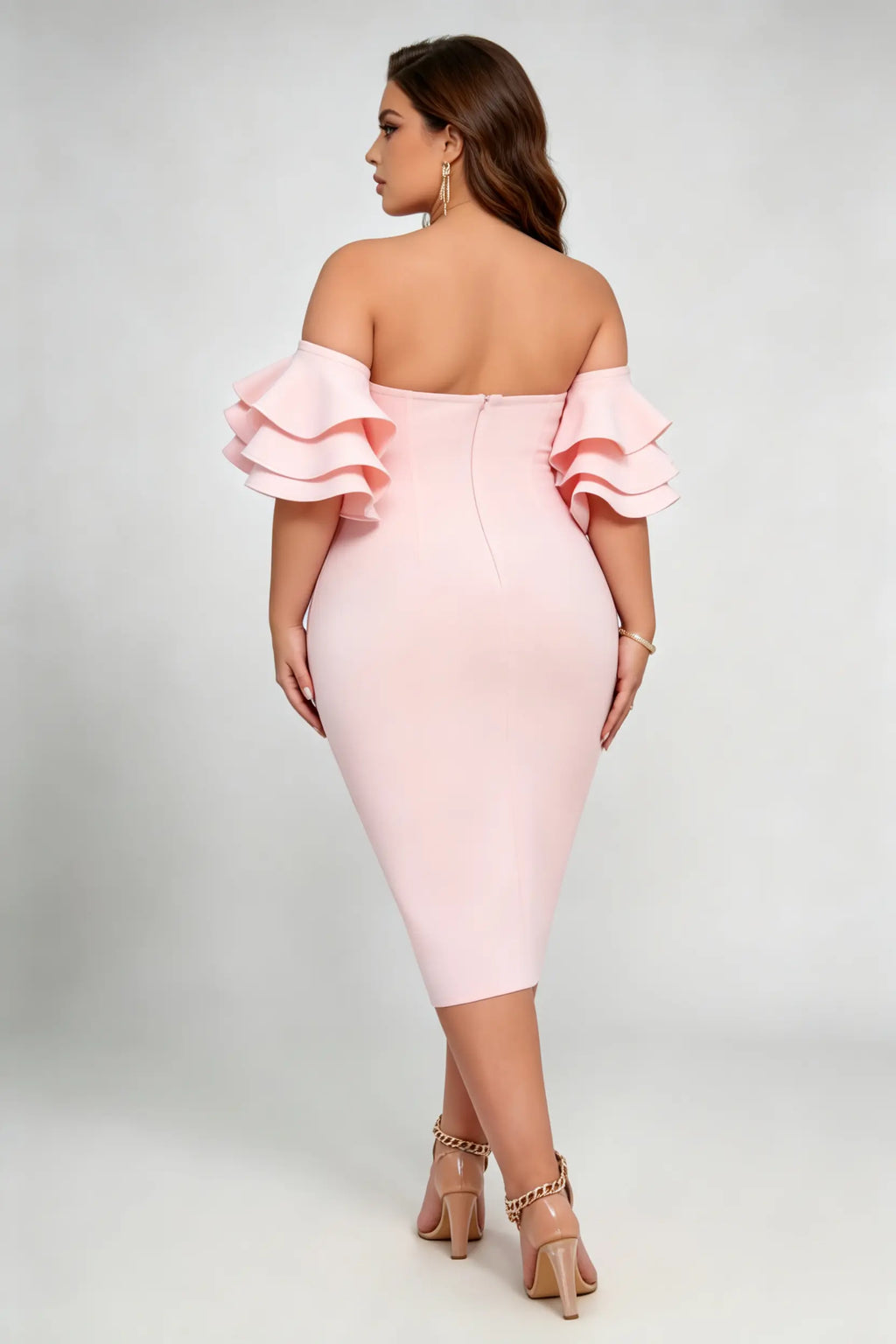 Plus Size Romantic Off-Shoulder Ruffled Bandage Midi Dress - Blush Pink