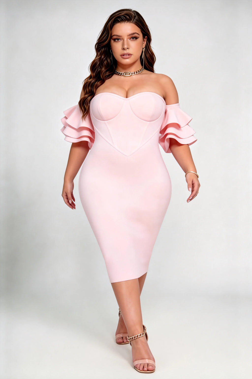 Plus Size Romantic Off-Shoulder Ruffled Bandage Midi Dress - Blush Pink