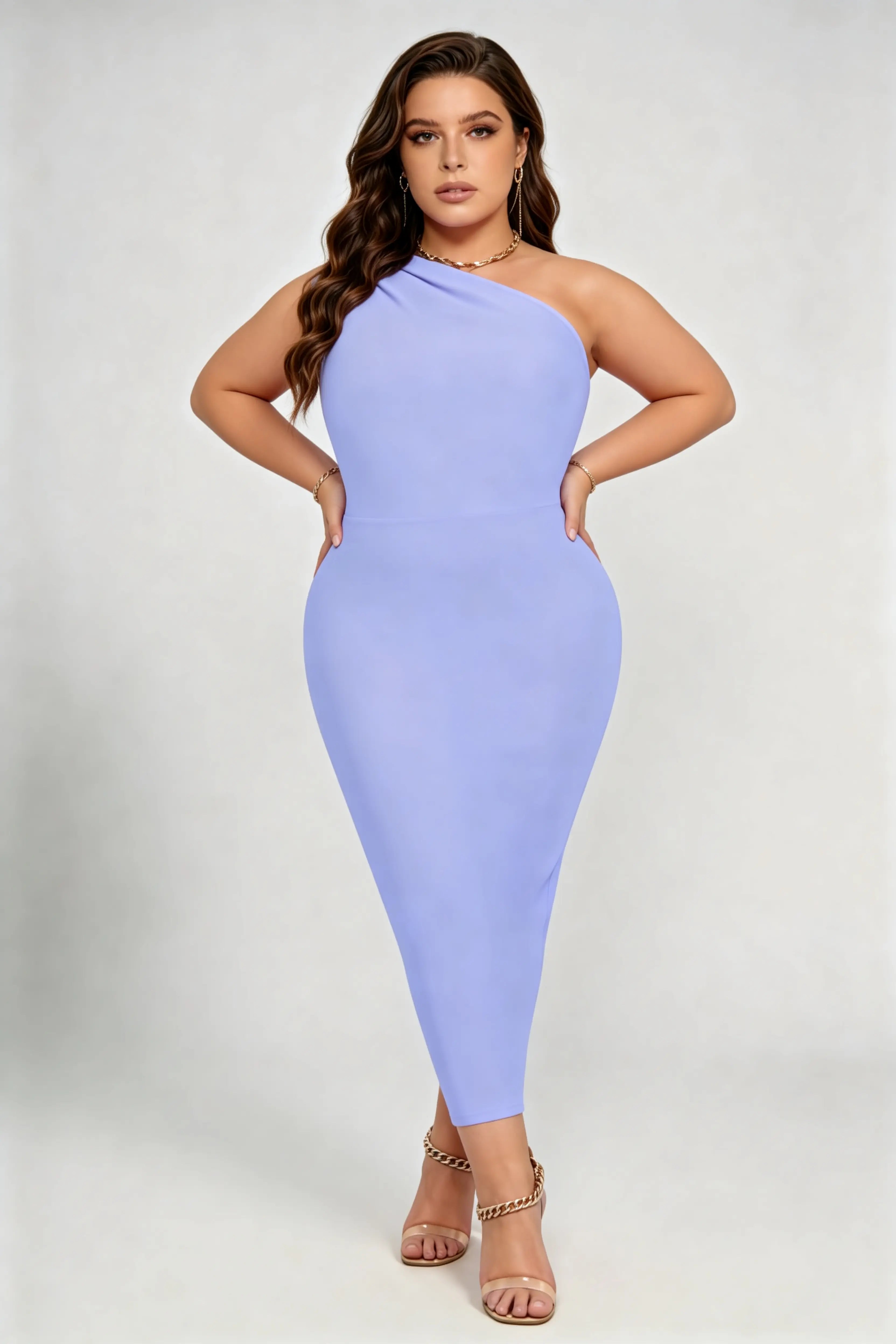 Plus Size  One-Shoulder Bandage Midi Dress - Periwinkle Blue