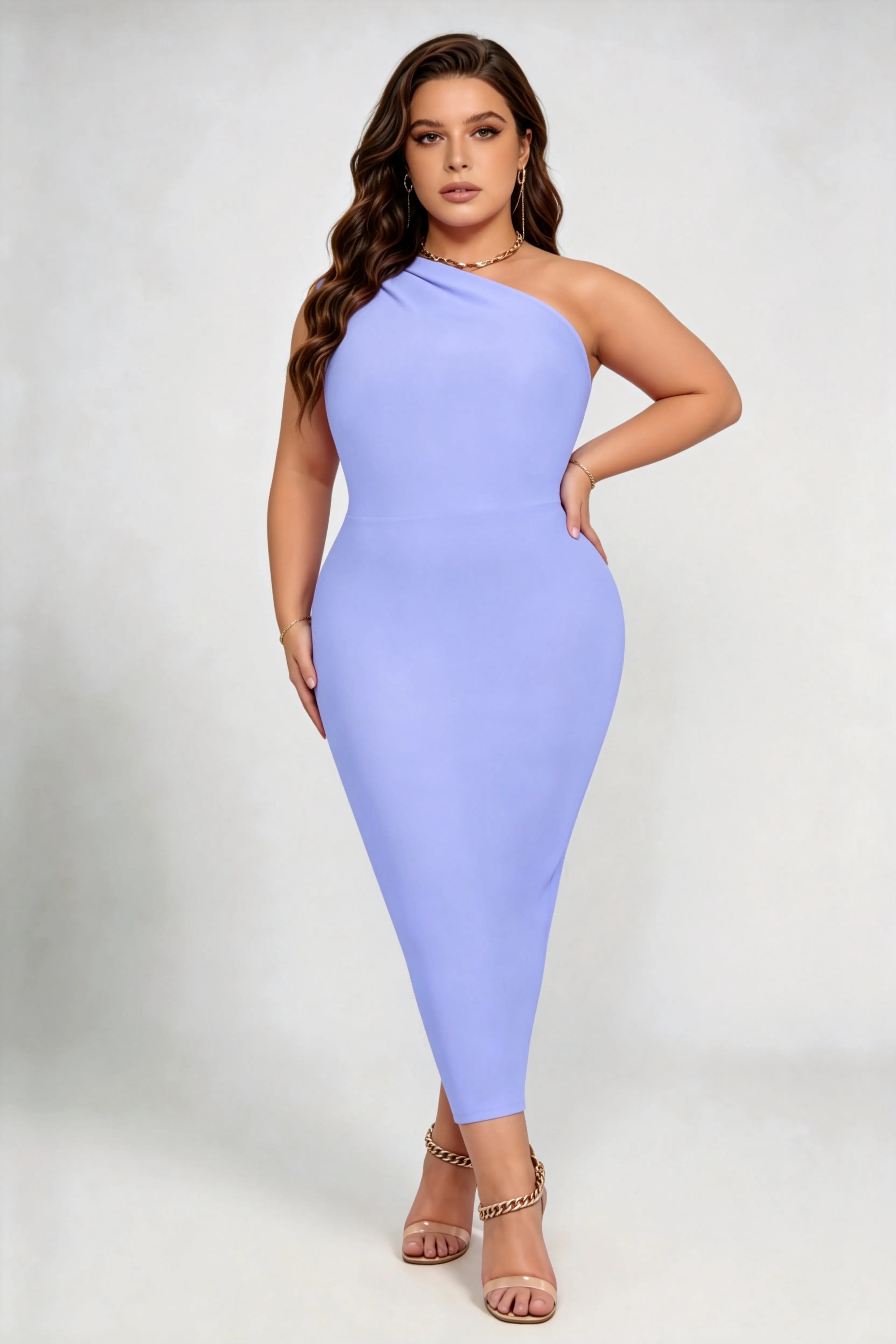 Plus Size One-Shoulder Bandage Midi Dress