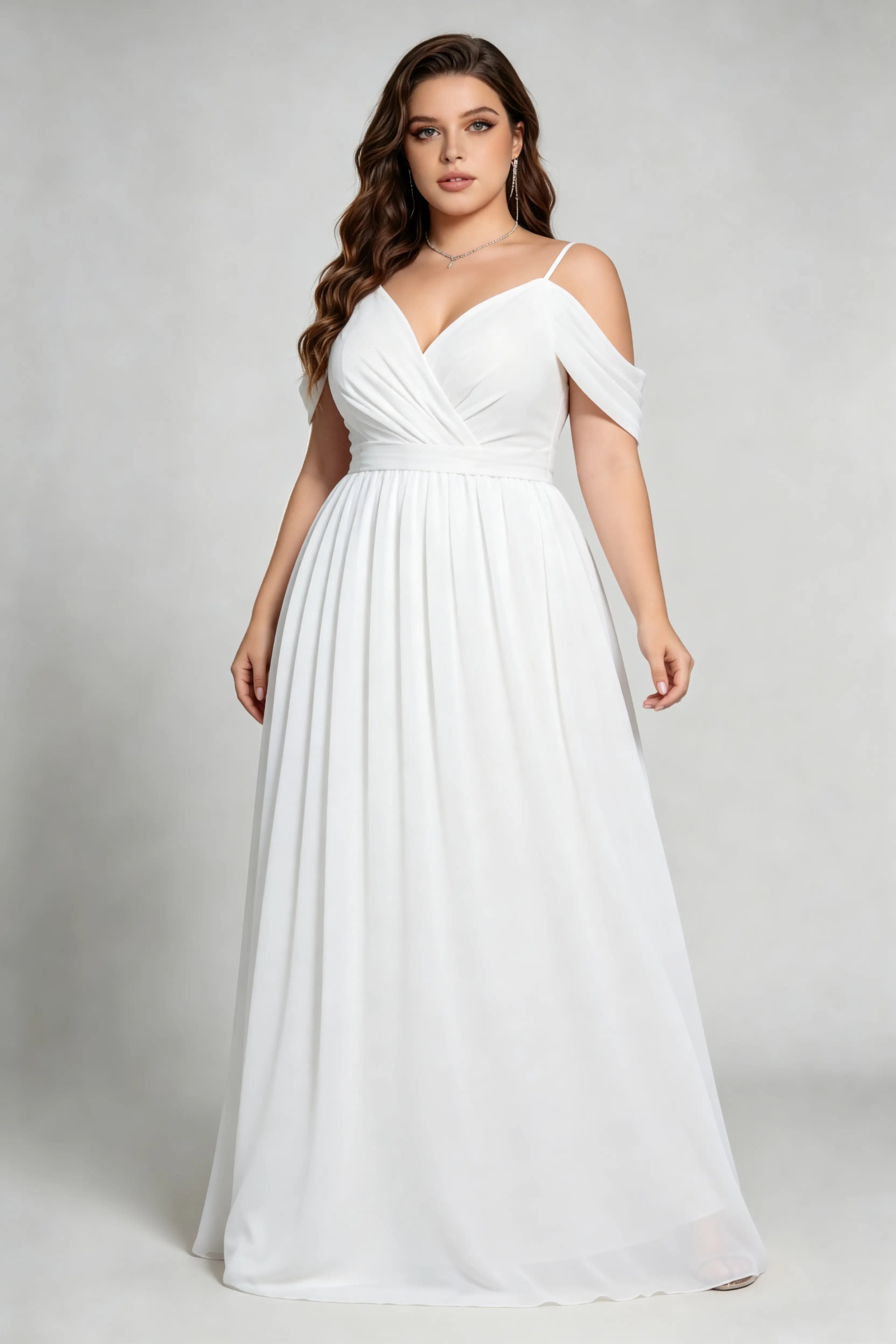 Plus Size White Off-The-Shoulder Chiffon Open Back Formal Evening Maxi Dress