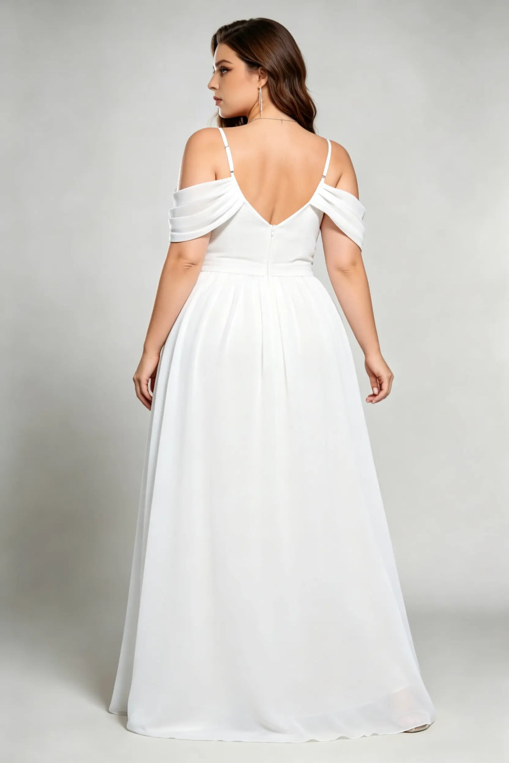 Plus Size White Off-The-Shoulder Chiffon Open Back Formal Evening Maxi Dress
