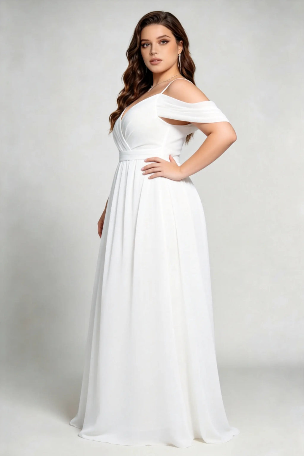 Plus Size White Off-The-Shoulder Chiffon Open Back Formal Evening Maxi Dress