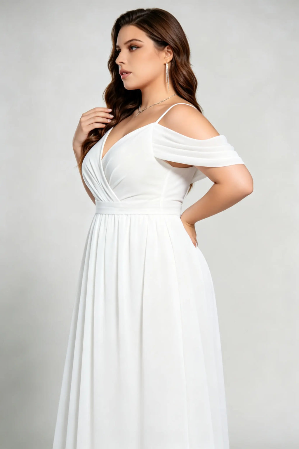 Plus Size White Off-The-Shoulder Chiffon Open Back Formal Evening Maxi Dress