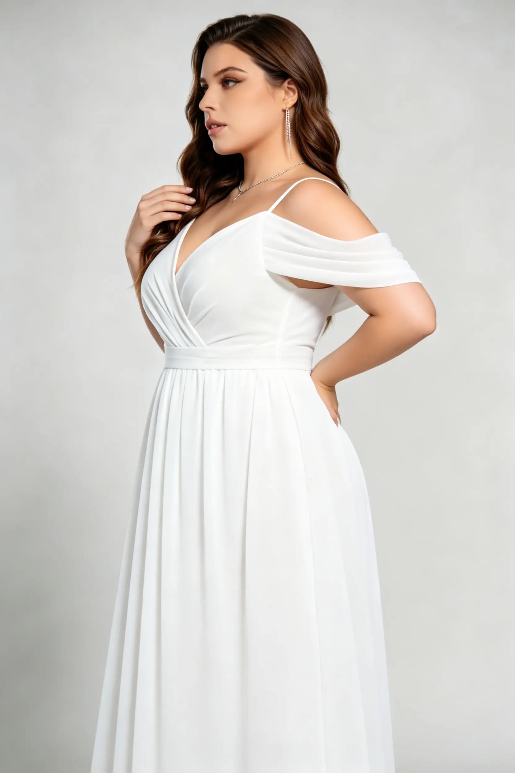 Plus Size White Off-The-Shoulder Chiffon Open Back Formal Evening Maxi Dress