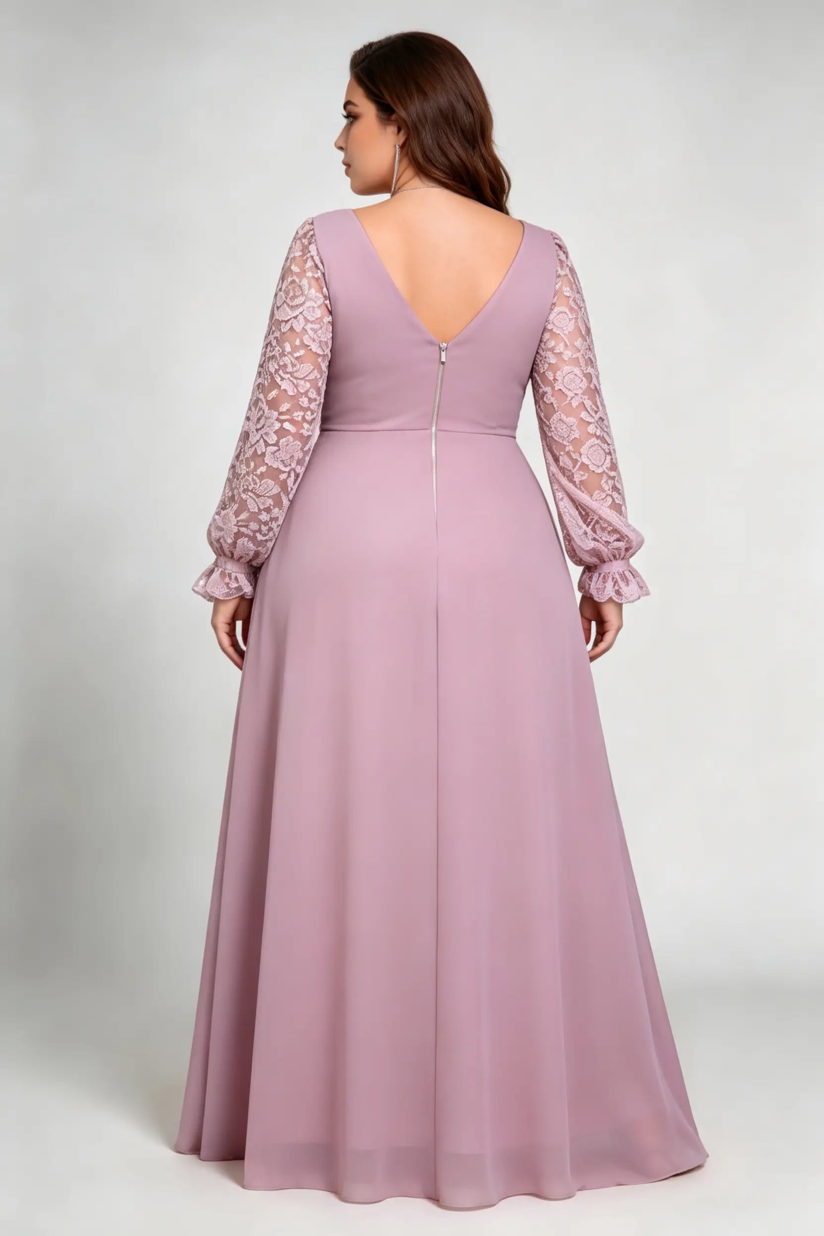 Plus Size Dusty Pink V-Neck Lace Long Sleeve Chiffon A-Line Formal Evening Maxi Dress