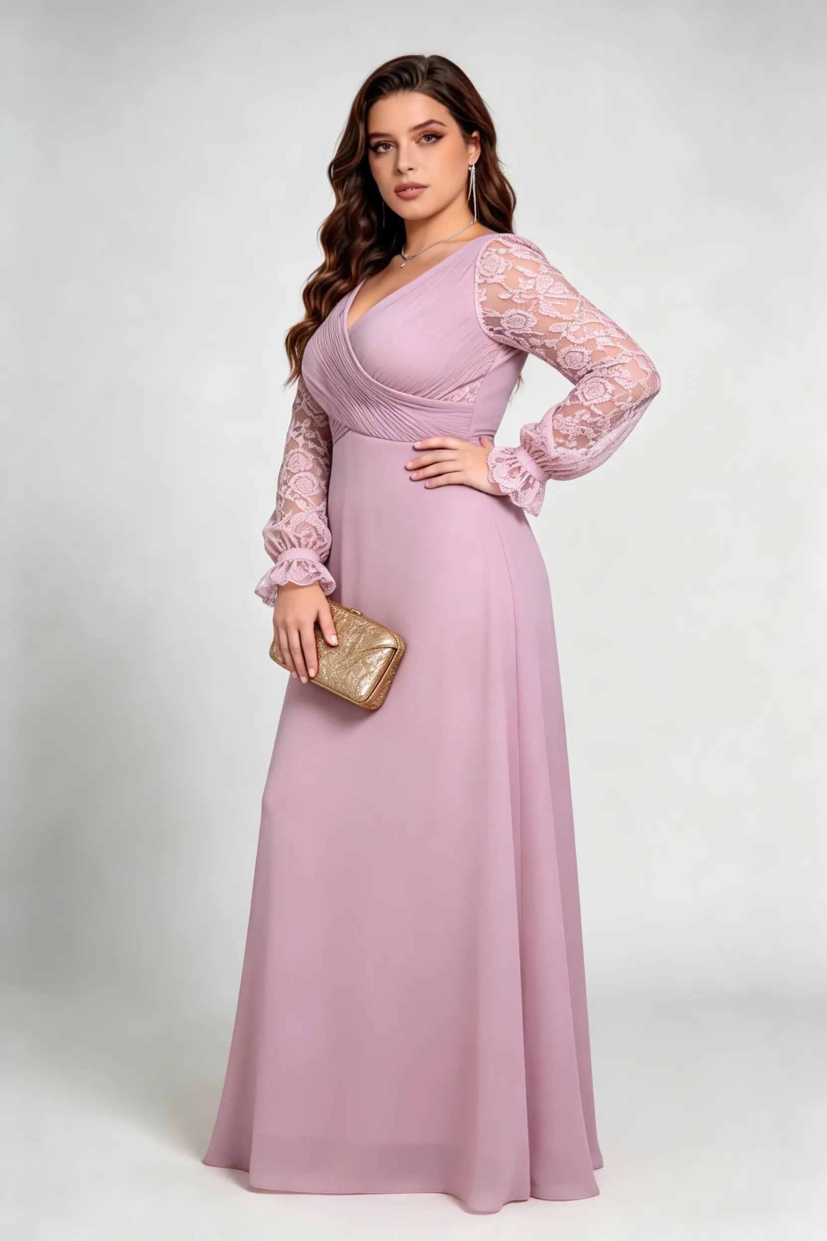 Plus Size Dusty Pink V-Neck Lace Long Sleeve Chiffon A-Line Formal Eve phoehua Plus Size Dusty Pink V-Neck Lace Long Sleeve Chiffon A-Line Formal Eve phoehua