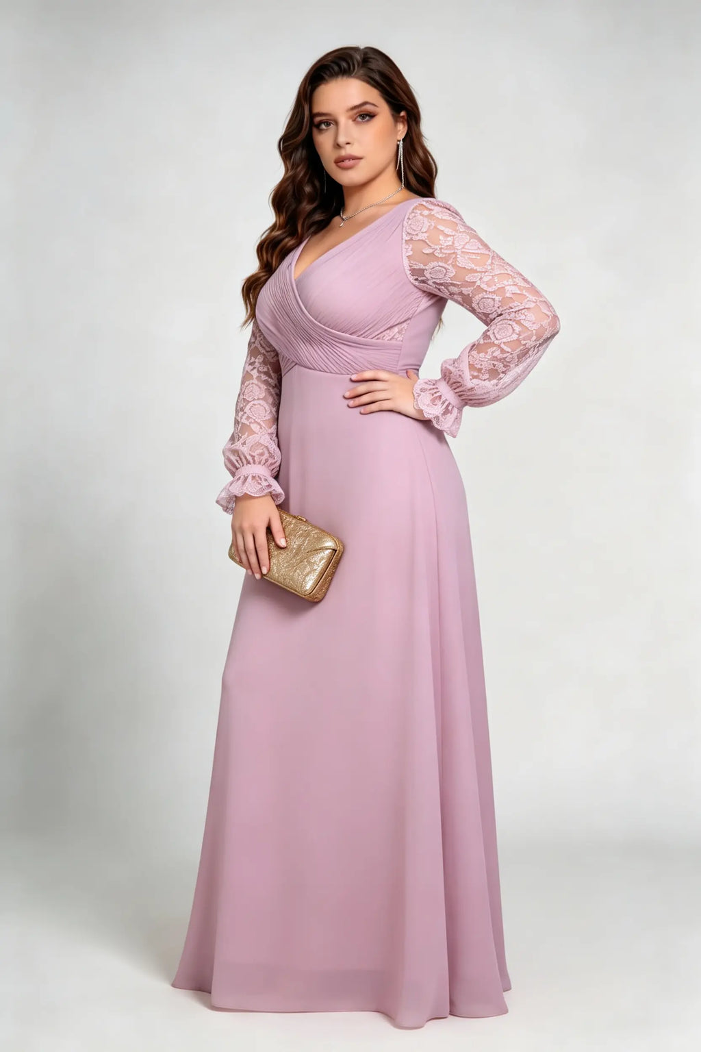 Plus Size Dusty Pink V-Neck Lace Long Sleeve Chiffon A-Line Formal Evening Maxi Dress