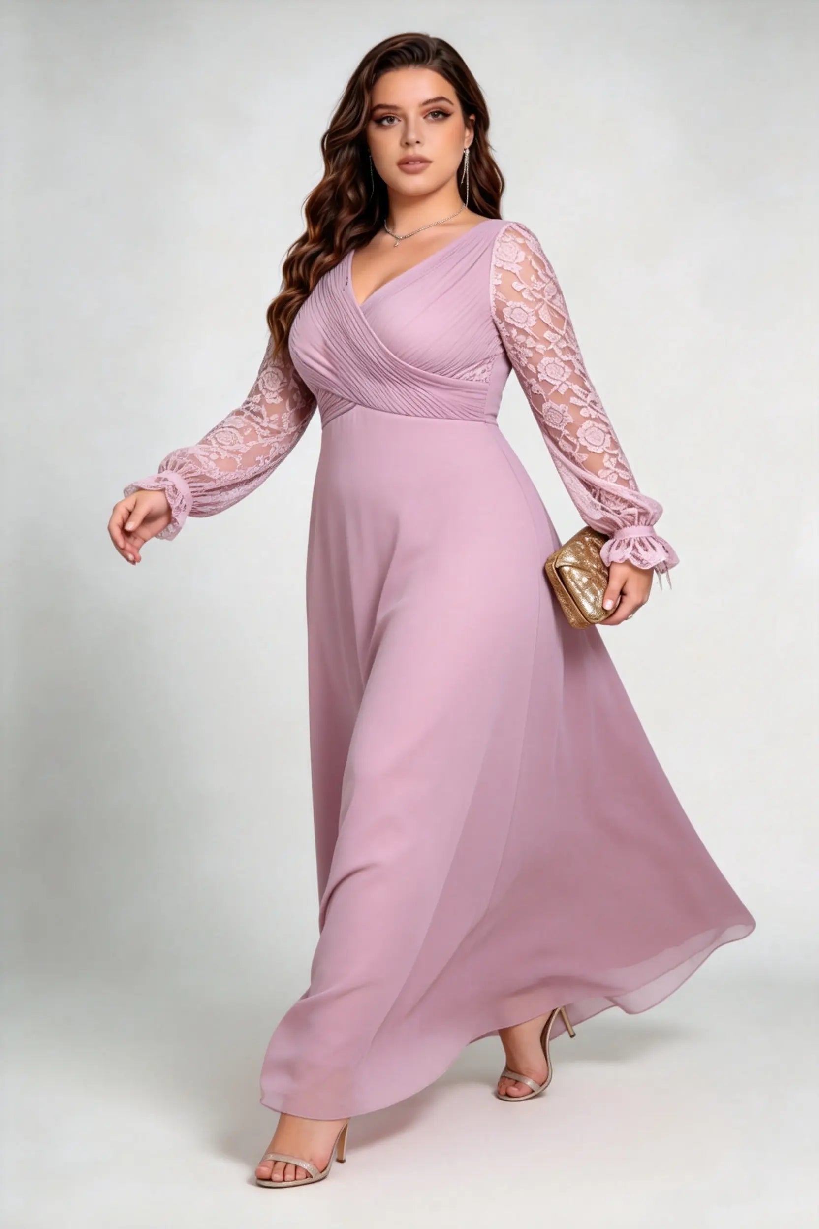 Plus Size Dusty Pink V-Neck Lace Long Sleeve Chiffon A-Line Formal Evening Maxi Dress