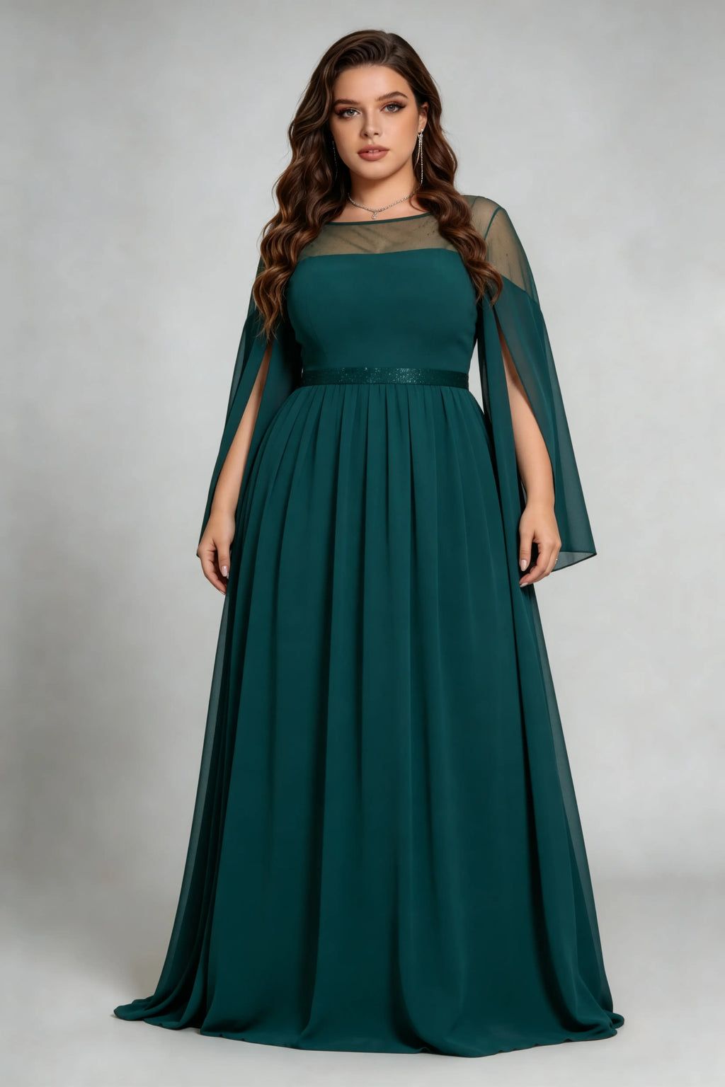 Plus Size Emerald Green Sheer Cape Sleeve Sequin Waist Formal Evening Floor-Length Dress