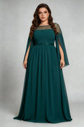 Plus Size Emerald Green Sheer Cape Sleeve Sequin Waist Formal Evening Floor-Length Dress