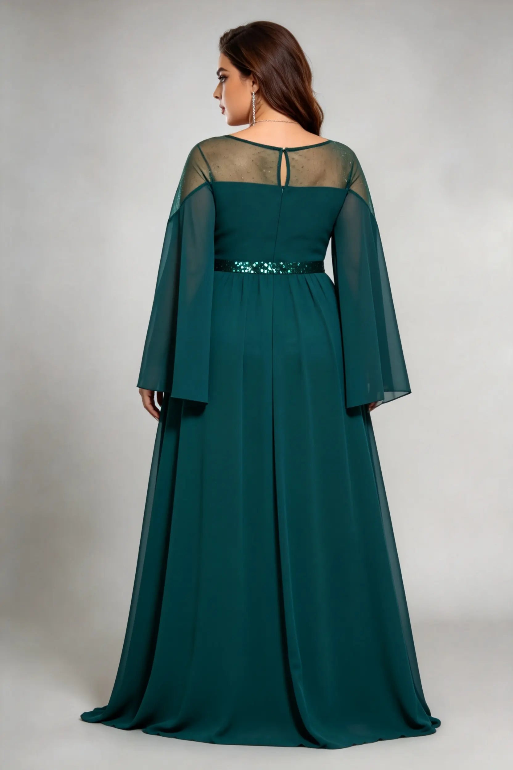 Plus Size Emerald Green Sheer Cape Sleeve Sequin Waist Formal Evening Floor-Length Dress