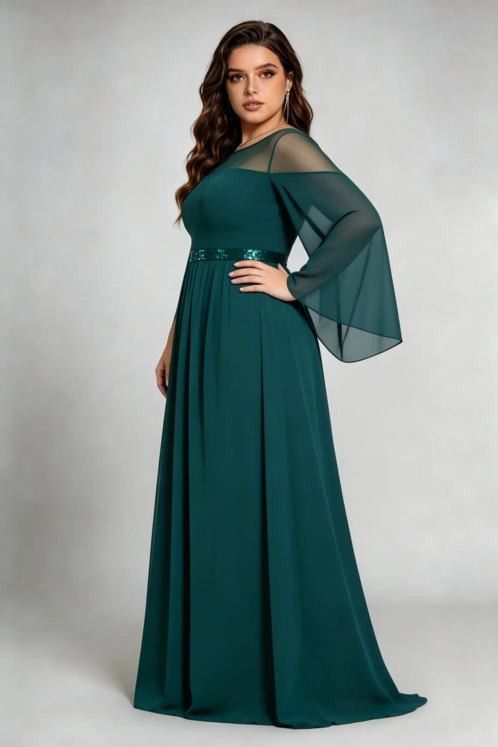 Plus Size Emerald Green Sheer Cape Sleeve Sequin Waist Formal Evening Floor-Length Dress