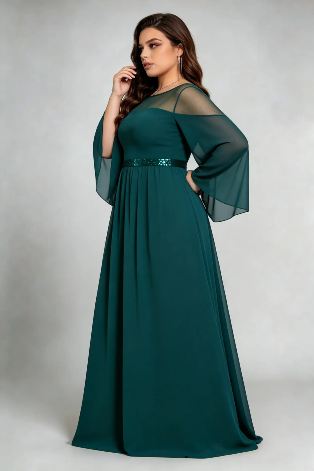 Plus Size Emerald Green Sheer Cape Sleeve Sequin Waist Formal Evening Floor-Length Dress