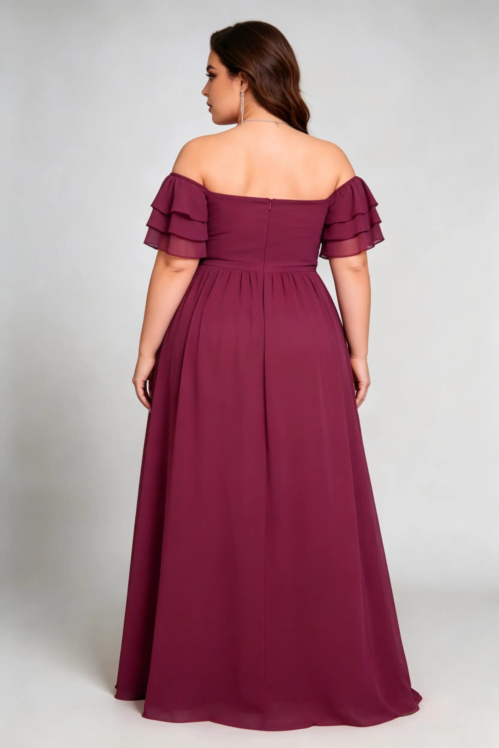 Plus Size Burgundy Off-The-Shoulder Tiered Ruffle Sleeve Ruched Back Formal Floor-Length Evening Dress