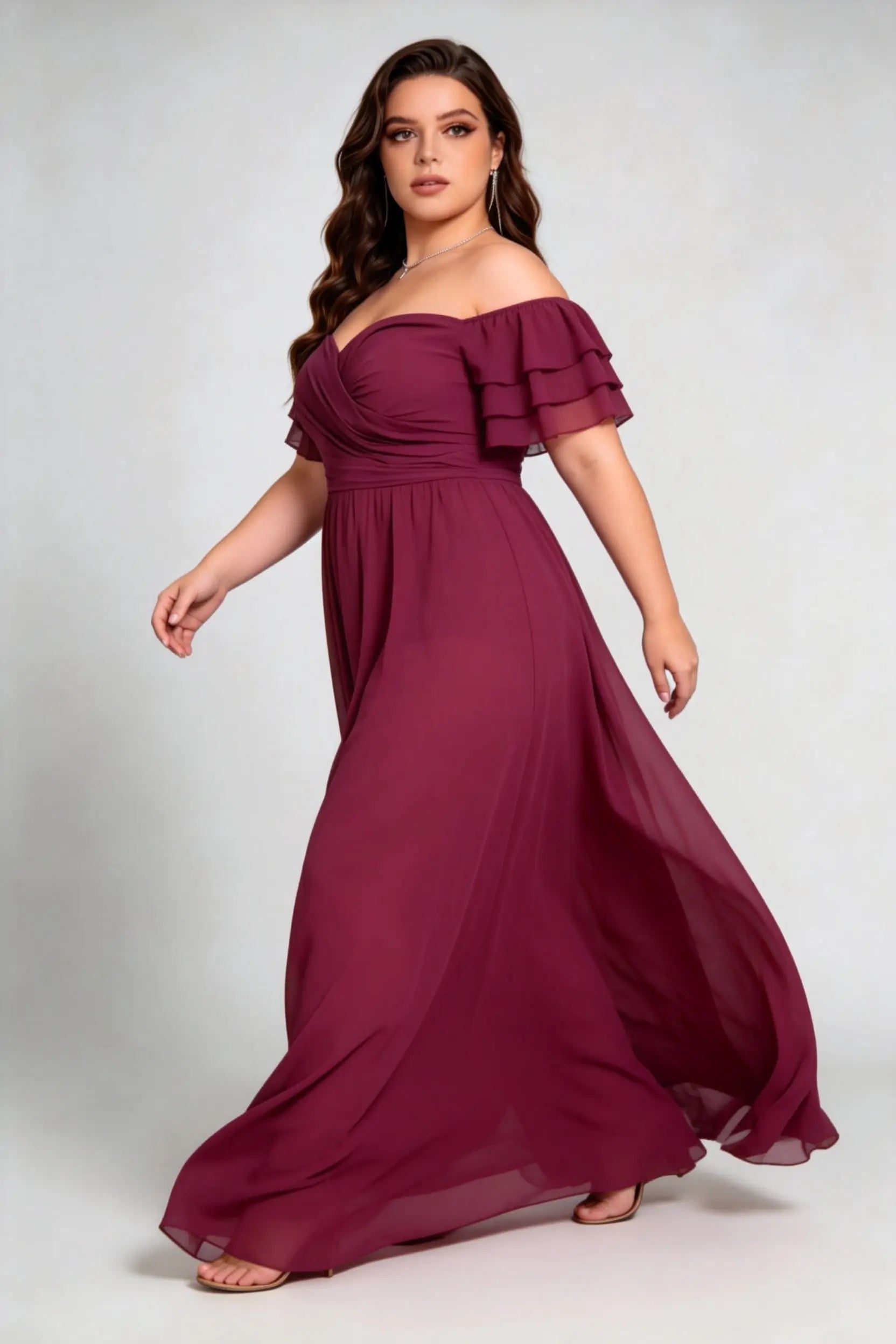 Plus Size Burgundy Off-The-Shoulder Tiered Ruffle Sleeve Ruched Back Formal Floor-Length Evening Dress
