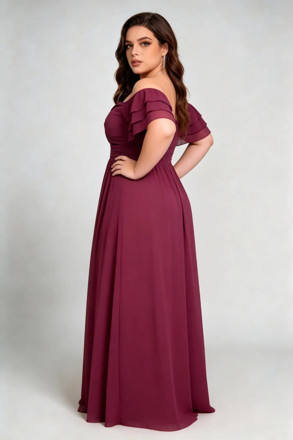Plus Size Burgundy Off-The-Shoulder Tiered Ruffle Sleeve Ruched Back Formal Floor-Length Evening Dress