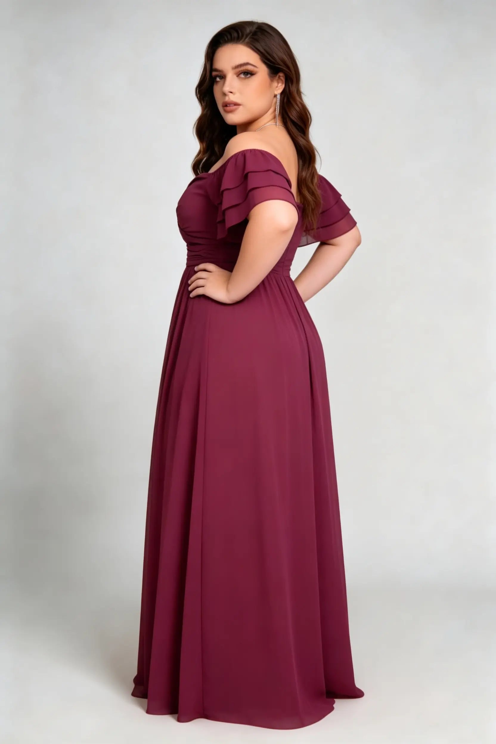 Plus Size Burgundy Off-The-Shoulder Tiered Ruffle Sleeve Ruched Back Formal Floor-Length Evening Dress