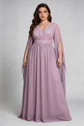 Plus Size Dusty Lavender Deep V-Neck Flowy Cape Sleeve Floor-Length Formal Evening Dress