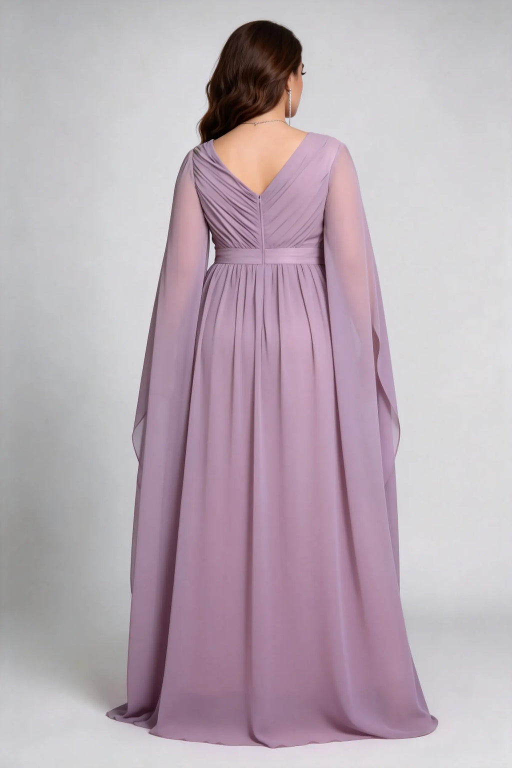 Plus Size Dusty Lavender Deep V-Neck Flowy Cape Sleeve Floor-Length Formal Evening Dress