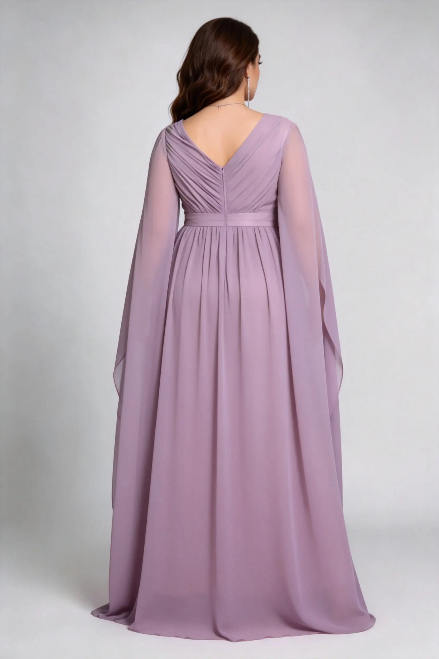 Plus Size Dusty Lavender Deep V-Neck Flowy Cape Sleeve Floor-Length Formal Evening Dress
