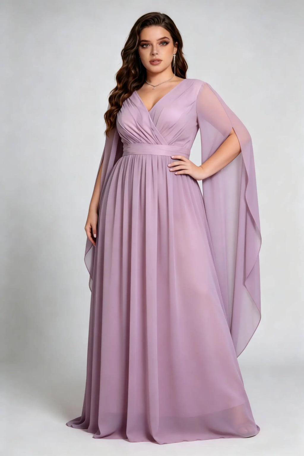 Plus Size Dusty Lavender Deep V-Neck Flowy Cape Sleeve Floor-Length Formal Evening Dress