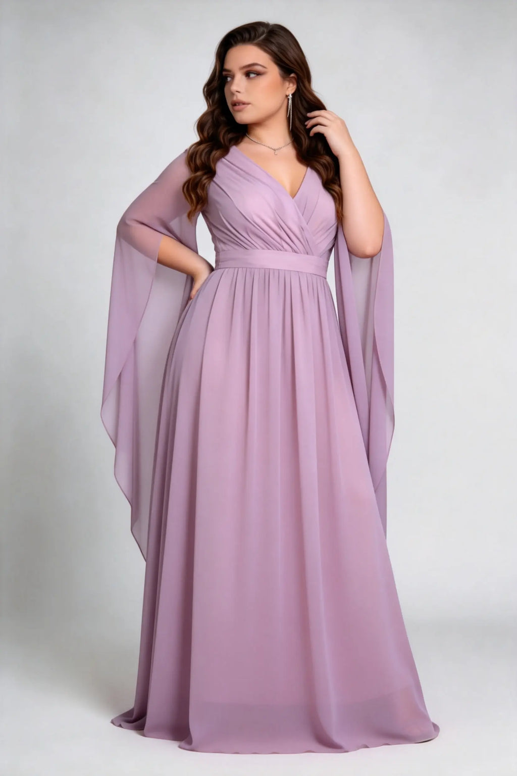 Plus Size Dusty Lavender Deep V-Neck Flowy Cape Sleeve Floor-Length Formal Evening Dress