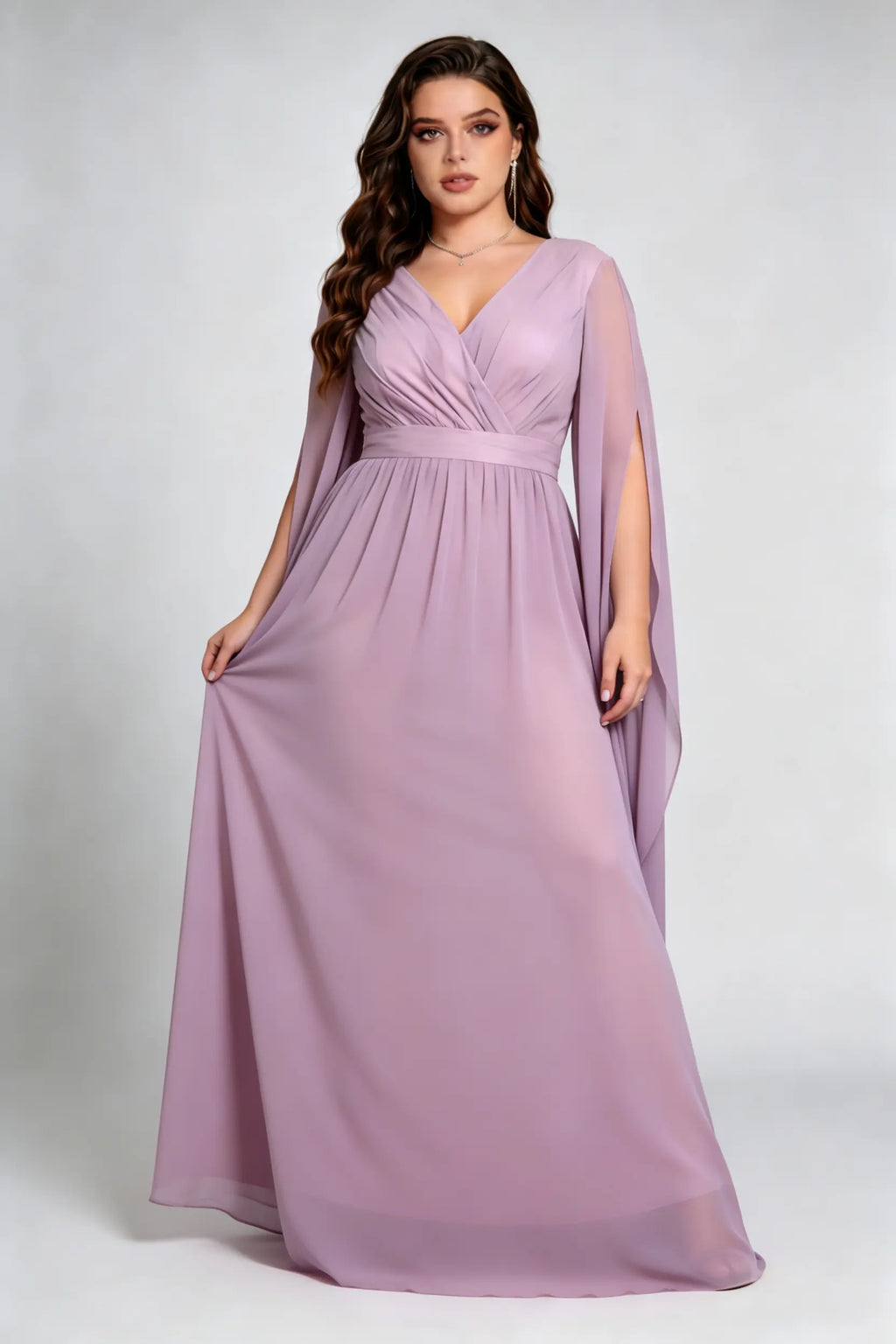 Plus Size Dusty Lavender Deep V-Neck Flowy Cape Sleeve Floor-Length Formal Evening Dress