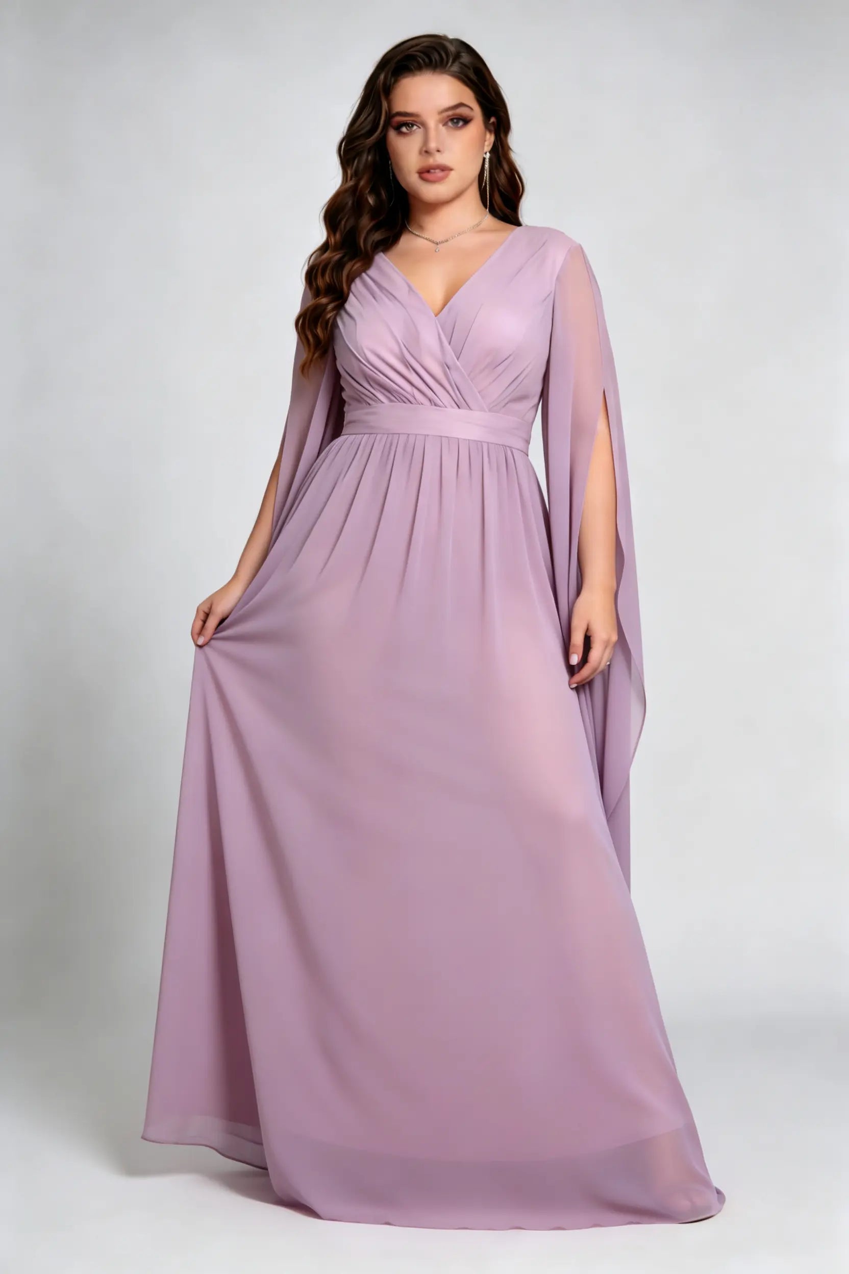 Plus Size Dusty Lavender Deep V-Neck Flowy Cape Sleeve Floor-Length Formal Evening Dress