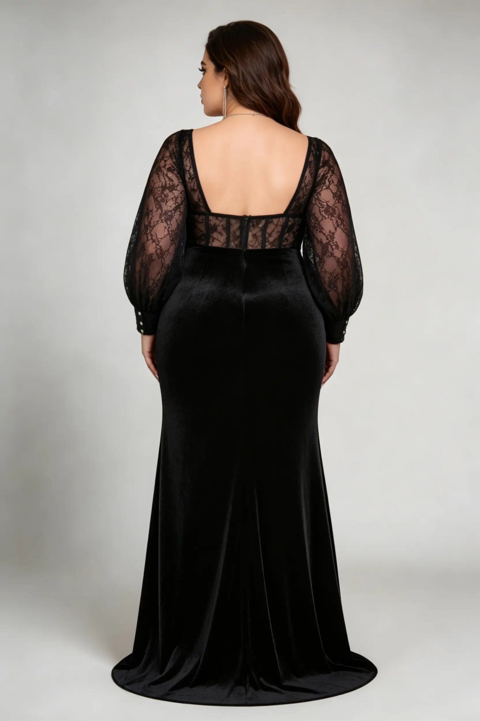 Plus Size Black Lace Long Sleeve Velvet Mermaid Formal Evening Maxi Dr   phoehua