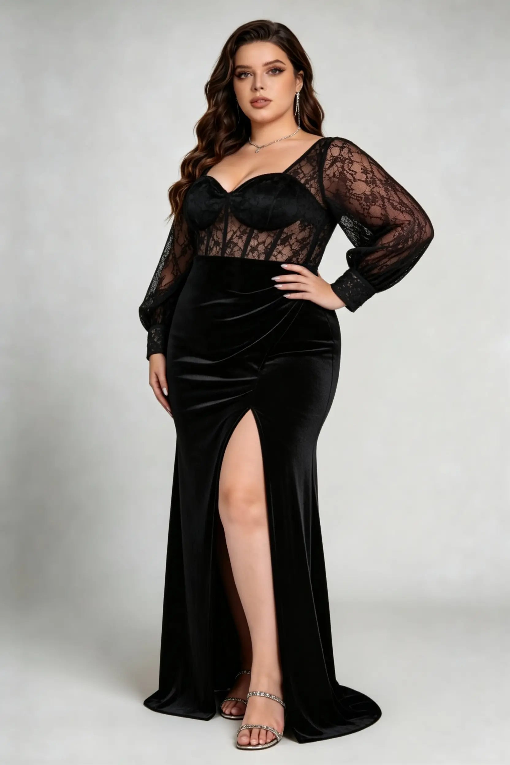 Plus Size Black Lace Long Sleeve Velvet Mermaid Formal Evening Maxi Dr phoehua Plus Size Black Lace Long Sleeve Velvet Mermaid Formal Evening Maxi Dr phoehua