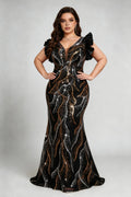 Plus Size Black Gold Sequin Mermaid Evening Gown V-Neck Ruffle Sleeve Formal Party Dress