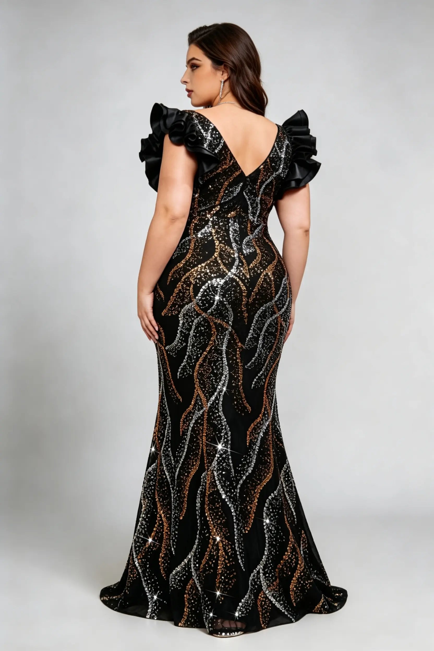 Plus Size Black Gold Sequin Mermaid Evening Gown V-Neck Ruffle Sleeve Formal Party Dress