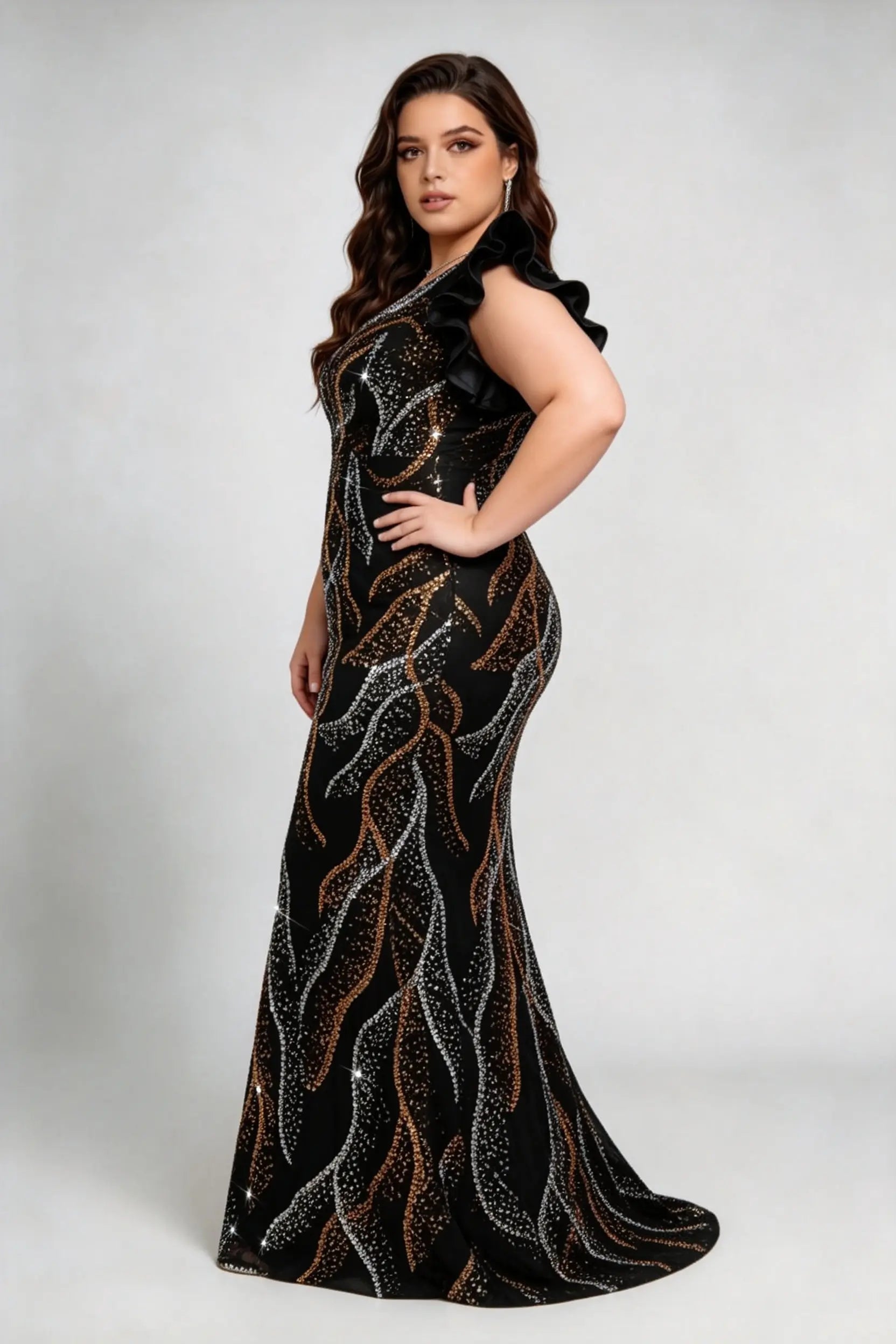 Plus Size Black Gold Sequin Mermaid Evening Gown V-Neck Ruffle Sleeve Formal Party Dress