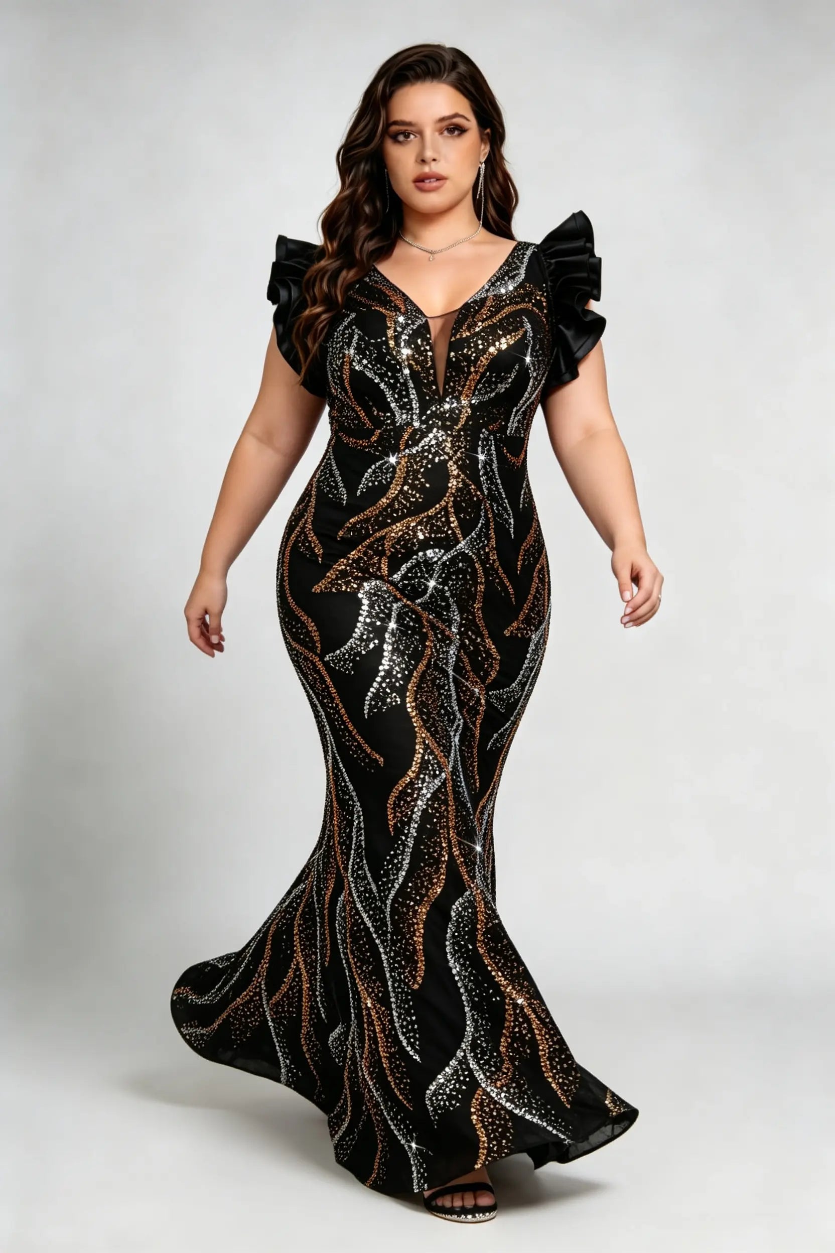 Plus Size Black Gold Sequin Mermaid Evening Gown V-Neck Ruffle Sleeve Formal Party Dress