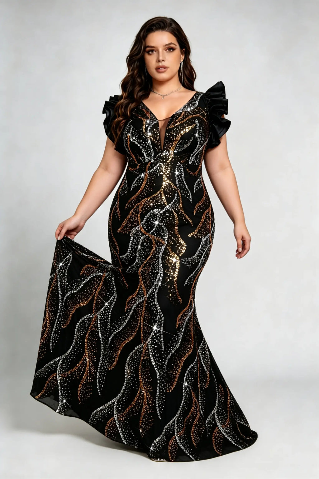 Plus Size Black Gold Sequin Mermaid Evening Gown V-Neck Ruffle Sleeve Formal Party Dress