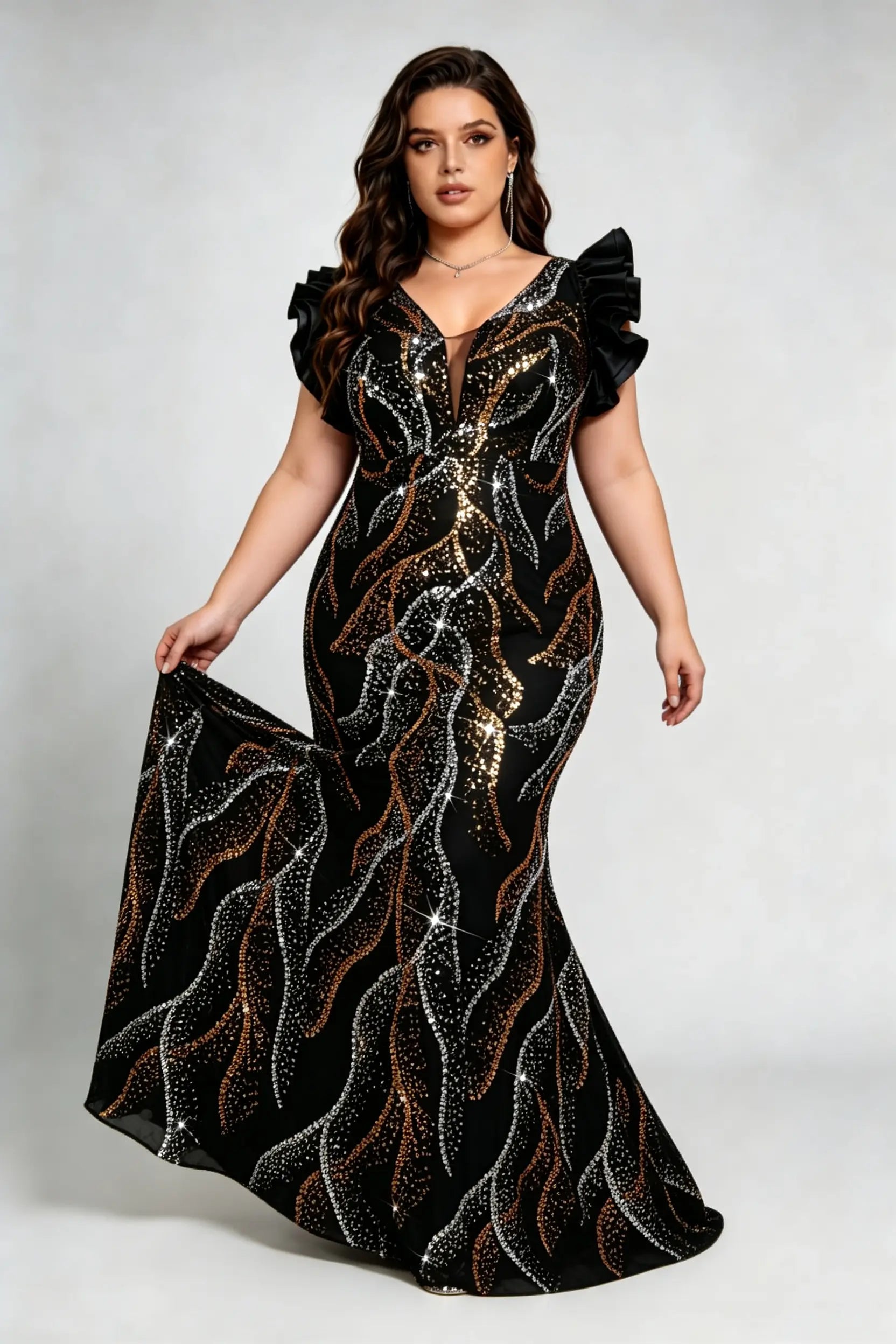 Plus Size Black Gold Sequin Mermaid Evening Gown V-Neck Ruffle Sleeve Formal Party Dress