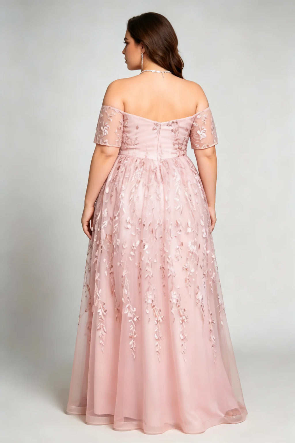 Plus Size Blush Pink Floral Embroidery Off The Shoulder A-Line Evening Gown Short Sleeve Formal Prom Dress